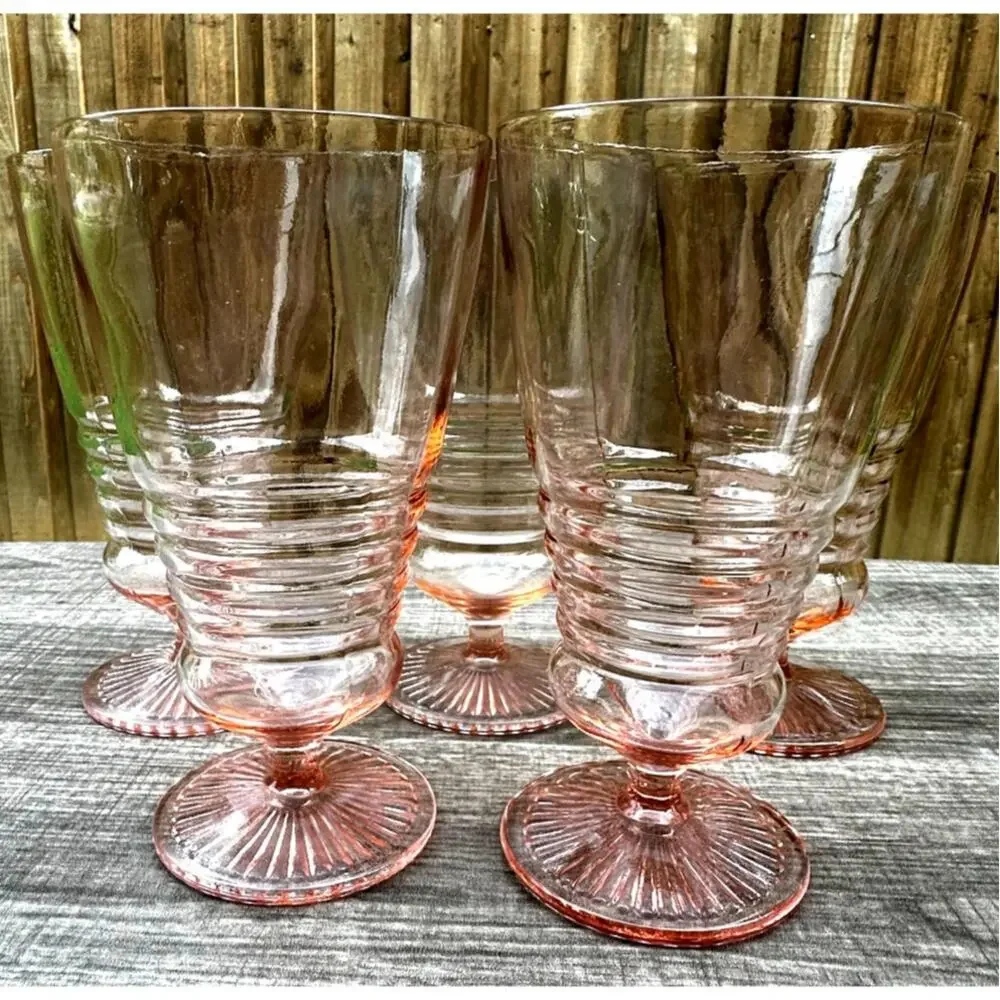 1930's-40's Vintage Pink Depression Glass Footed Soda Fountain Tumblers Set of 5